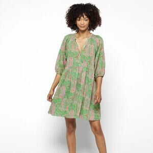 Ba&sh Lady Dress Small Green Pink Paisley V-Neck A Line 3/4 Sleeve Tiered Odeon